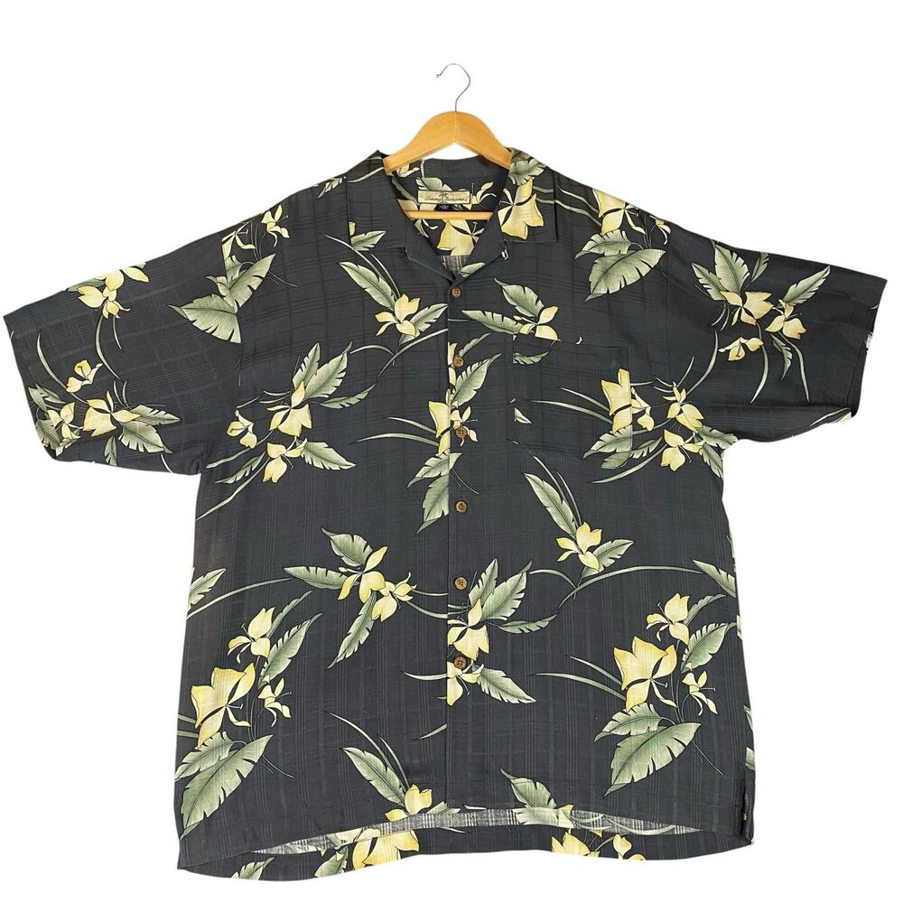 Tommy Bahama 100% Silk Hawaiian Shirt Mens XL Floral Camp Button Up Gray Yellow